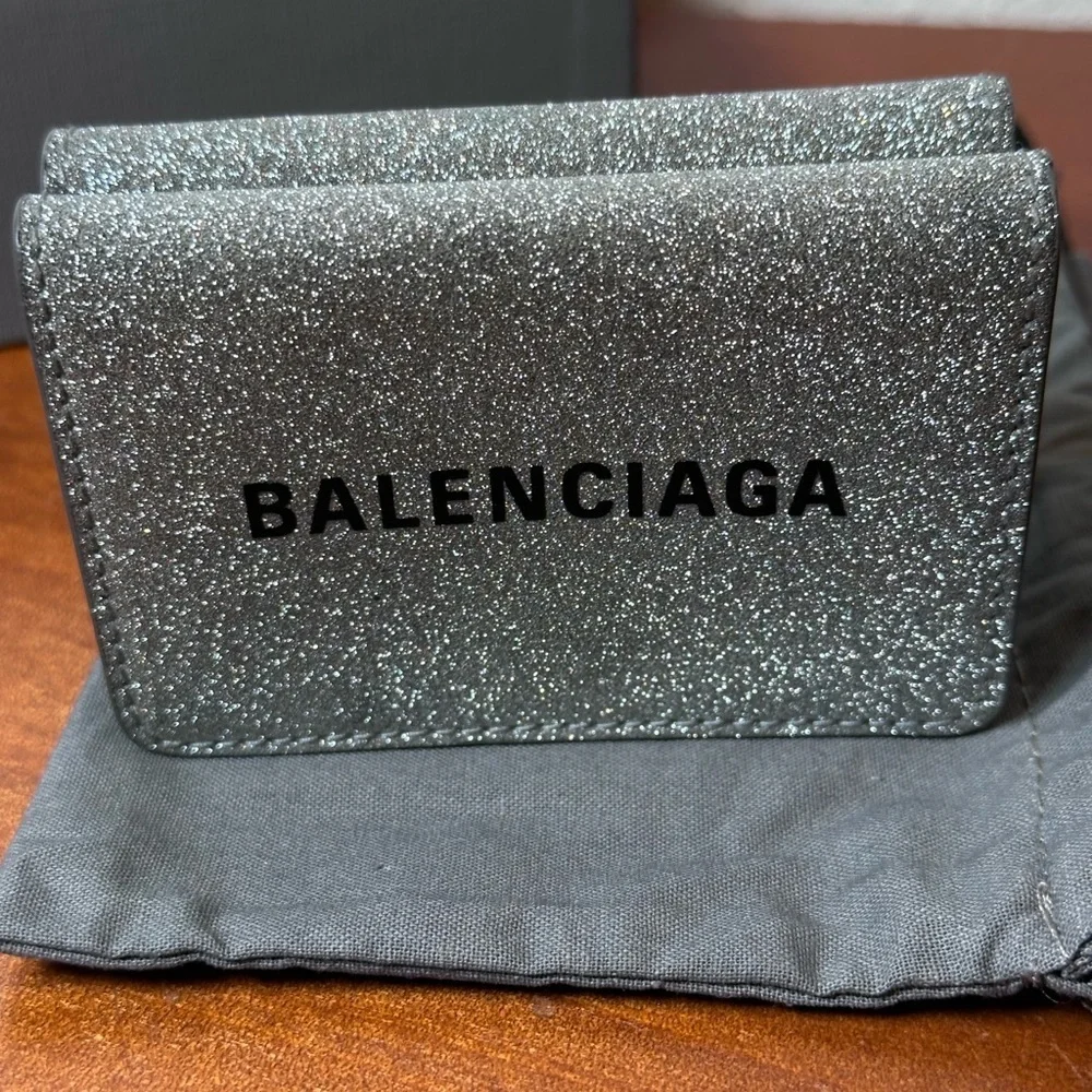 Balenciaga 551921 Metallic Silver Glitter Everyday Mini Bifold Wallet